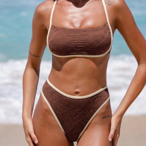 Berlook Dark Coffee Contrast Jacquard Bikini Set | Size XL | NWT | High Stretch - Picture 3 of 3